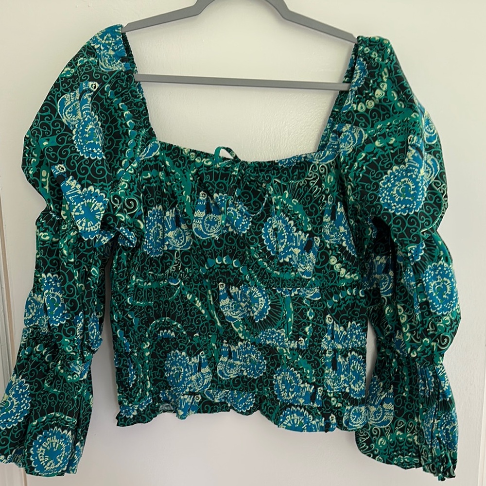 Anthropologie Blue Smocked Ruffled 3/4 Sleeve Blouse